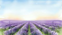 Watercolor painting of endless lavender field rows stretching to horizon under soft pastel sky, peaceful rural landscape for relaxation and aromatherapy themes.
