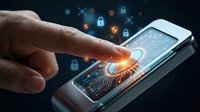 Finger touching smartphone screen with glowing fingerprint scanner and security lock icons for biometric authentication and mobile device protection.
