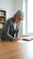 Senior woman with gray hair and eyeglasses wearing gray blazer writing on document at wooden desk in bright office with bookshelf, suitable for business and professional concepts.