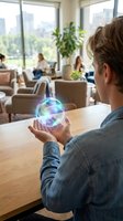 Young woman holding glowing holographic sphere in modern office space with colleagues working in background for technology and innovation concepts.