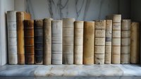 Row of vintage antique books with worn leather and cloth bindings in neutral beige and brown tones standing on white marble shelf against marble wall.