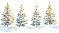 Watercolor winter landscape with snow-covered evergreen trees in soft blue and golden tones, serene forest scene for seasonal holiday designs.