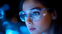 Young woman wearing protective transparent glasses with futuristic blue light reflections and digital elements, representing technology and innovation in science.