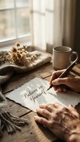 Woman writing believe in yourself motivational message on paper at cozy wooden table with coffee mug and dried flowers in warm natural light.