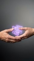 Hands protecting glowing purple digital cubes representing data security, blockchain technology, and cyber protection concepts for business innovation.