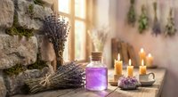 Lavender bundles with essential oil bottle and candles create relaxing spa atmosphere for aromatherapy wellness and natural healing treatments.