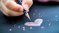 Female hand drawing glittery pink heart shape with pencil on dark background, surrounded by scattered sparkles and bokeh lights creating romantic atmosphere.