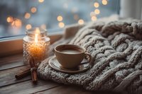 Cozy winter scene with coffee cup, knitted sweater, and glowing candle on wooden windowsill against blurred bokeh lights background.