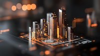 Futuristic cityscape rising from electronic circuit board with glowing skyscrapers and illuminated pathways in warm orange tones against dark background.