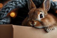 Adorable brown bunny rabbit peeking out from cardboard box with cozy gray knitted blanket and warm bokeh lights in background, close up portrait.