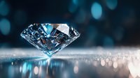 Brilliant cut diamond with blue reflection on glittering surface against dark background with bokeh lights creating luxury atmosphere.
