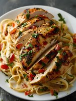 Grilled chicken breast sliced over creamy pasta with herbs and peppers on white plate. Restaurant quality Italian cuisine meal ready to serve.