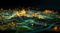 Abstract digital landscape with glowing network connections and data visualization shown as illuminated peaks and valleys in turquoise and gold against dark background.