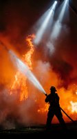 Firefighter silhouette battling intense flames with water hose during emergency response operation with dramatic lighting and smoke effects.