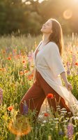 Young Caucasian woman enjoying peaceful moment in wildflower meadow at golden hour sunset with warm sunlight and lens flare creating serene atmosphere.