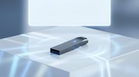 Black USB flash drive on reflective surface with dramatic lighting and futuristic atmosphere for technology and data storage concepts.