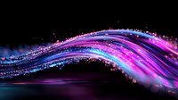 Glowing neon wave with sparkling particles flows through dark space creating dynamic motion effect in purple and blue colors. Abstract background for modern design.