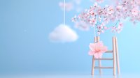 Delicate pink cherry blossoms in vase on wooden chair against dreamy blue background with floating cloud, creating soft romantic spring atmosphere.