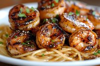 Grilled honey garlic shrimp served on bed of linguine pasta, garnished with fresh herbs and black pepper, close up view of juicy seafood dinner plate.
