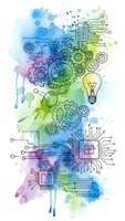 Watercolor technology concept with gears, circuits, lightbulb and microchips on colorful abstract background for innovation and digital transformation projects.