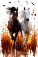 Brown and white horses galloping together through autumn field with flying hearts above, artistic watercolor style composition against warm orange background.
