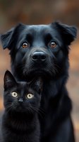 Black dog and cat portrait with amber and yellow eyes looking at camera against blurred autumn background, showing friendship between pets.