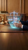 Lawyer in suit holding glowing holographic scales of justice above wooden desk in classic office, symbolizing digital law and legal technology.