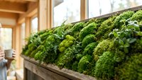 Fresh green broccoli crowns displayed in wooden crates at farmers market or grocery store produce section for healthy eating and organic vegetable shopping.