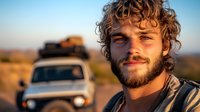Young Caucasian male with curly hair and beard smiling at sunset during road trip adventure, with vintage car and luggage on roof rack visible in background desert landscape.