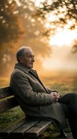 Elderly Caucasian man in coat sitting on park bench during golden hour sunset with warm bokeh light filtering through autumn trees creating peaceful atmosphere.