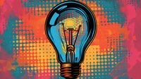 Glowing light bulb on vibrant multicolored halftone background with orange and blue gradient pattern. Creative innovation concept for business and technology.