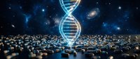 Glowing DNA double helix structure floating above molecular spheres against cosmic space background with stars and nebulae for genetic research concepts.