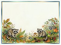 Raccoons and woodland foliage border frame with isolated design on cream background, ready for invitations, cards, stationery, and craft projects.