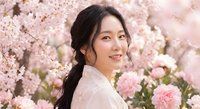 Young Asian woman in traditional white dress smiling among pink cherry blossoms and peonies, spring nature portrait.
