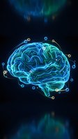 Glowing blue brain with neural connections and energy particles on dark background for medical technology and artificial intelligence concepts.