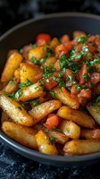 Roasted golden potatoes with cherry tomatoes and fresh parsley in cast iron skillet, homemade comfort food for family dinner and cooking recipes.
