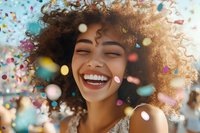 Young African American woman with natural curly hair laughing joyfully while colorful confetti falls around her, expressing genuine happiness and celebration spirit.