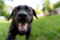 Happy black dog with open mouth smiling at camera in sunny park setting. Joyful pet portrait with shallow depth of field and green grass background.