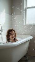 Happy young girl with curly hair enjoying bubble bath in vintage clawfoot tub by window. Joyful childhood bathing routine in bright bathroom interior.