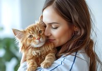 Young Caucasian woman with long brown hair cuddling ginger Maine Coon cat, showing tender moment between pet owner and feline companion against bright window background.
