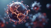 Glowing earth globe inside coronavirus cell structure showing global pandemic spread across continents with detailed spike proteins in dark atmosphere.