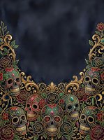Ornate skulls with roses and gold baroque flourishes create a decorative border on dark textured background, suitable for gothic designs, apparel, invitations, and alternative artwork projects.