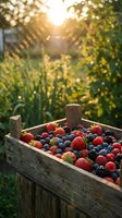 Fresh mixed berries in rustic wooden crate at sunset garden with warm golden light and lush green foliage background for healthy eating and farm concepts.