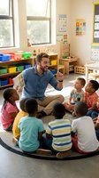 Male teacher reading storybook to diverse group of young children sitting in circle on floor in bright classroom with colorful storage and educational materials on walls.