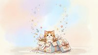 Cute ginger tabby kitten emerging from gift boxes surrounded by sparkles and flowers on soft pastel background, perfect for greeting cards and children's illustrations.