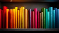 Colorful book spines arranged in rainbow spectrum order on dark wooden shelf, creating vibrant gradient from red through yellow, pink to blue and turquoise tones.