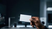 Male professional with dark skin tone holding blank white business card in modern office environment for corporate branding and identity purposes.