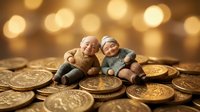Two adorable newborn babies in knitted outfits sitting among golden coins with warm bokeh lights, symbolizing wealth, prosperity and financial future.
