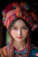 Young Asian woman wearing vibrant traditional headdress with colorful tassels and embroidery, dressed in ethnic costume against dark background. Soft natural lighting highlights facial features.
