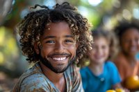 Young Black man with curly hair and bright smile enjoying outdoor gathering with friends in natural sunlight with bokeh background.